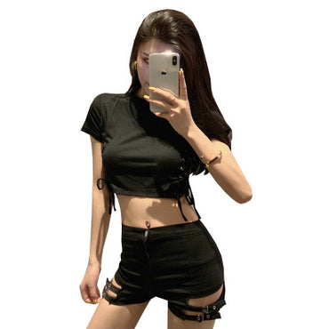 Double Buckle Design High Waist Stretch Tight Shorts For Women