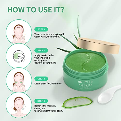 BREYLEE Aloe Vera Eye Masks - 60 Pcs - Reduce Puffy Eyes & Dark Circles, Firm & Improve Under Eye Skin, Pure Natural Extracts for Youthful Appearance & Reduction of Fine Lines and Wrinkles.