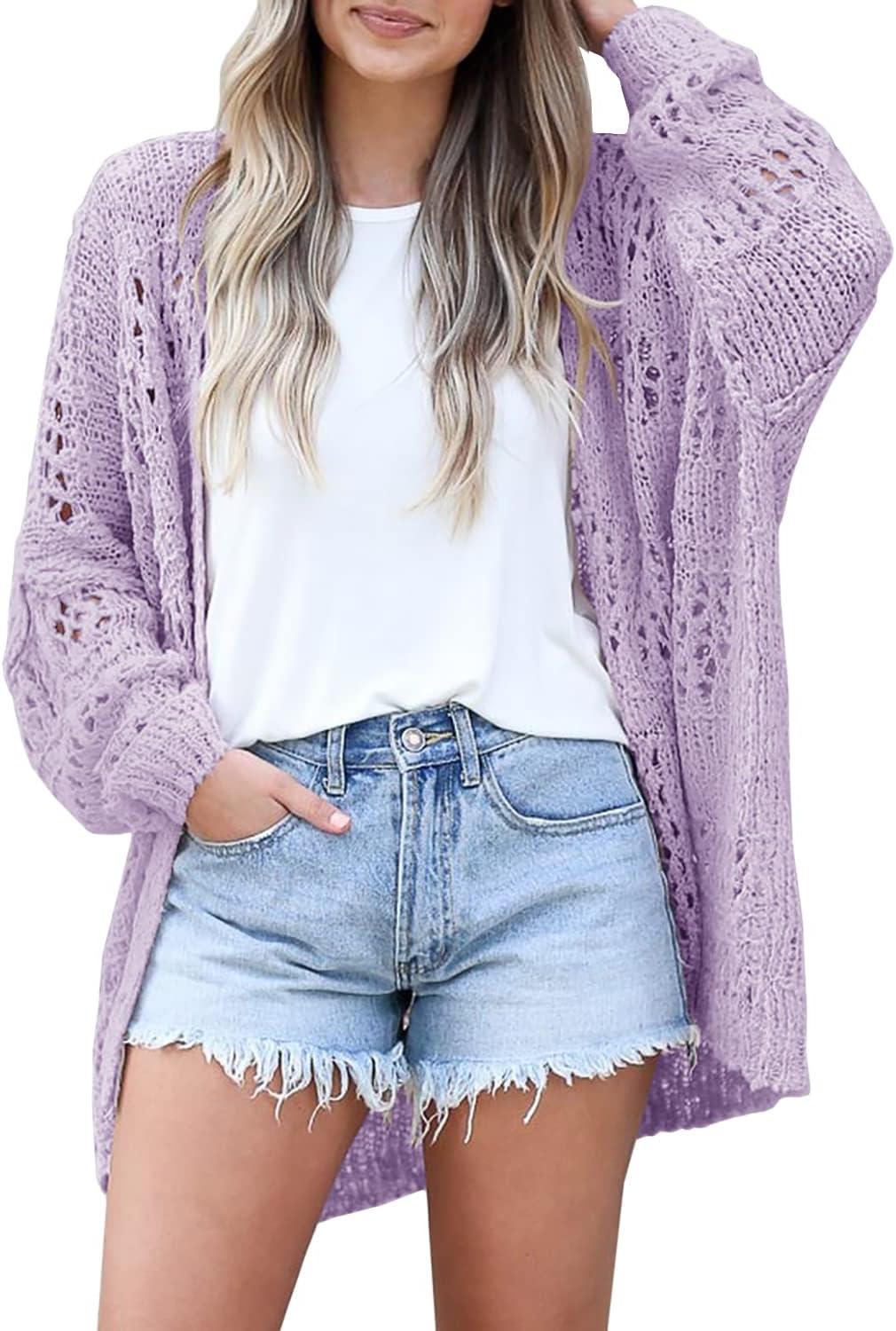 Ermonn Womens Crochet Cardigan Sweater Kimonos Boho Solid Color Oversized Summer Open Front Outwear