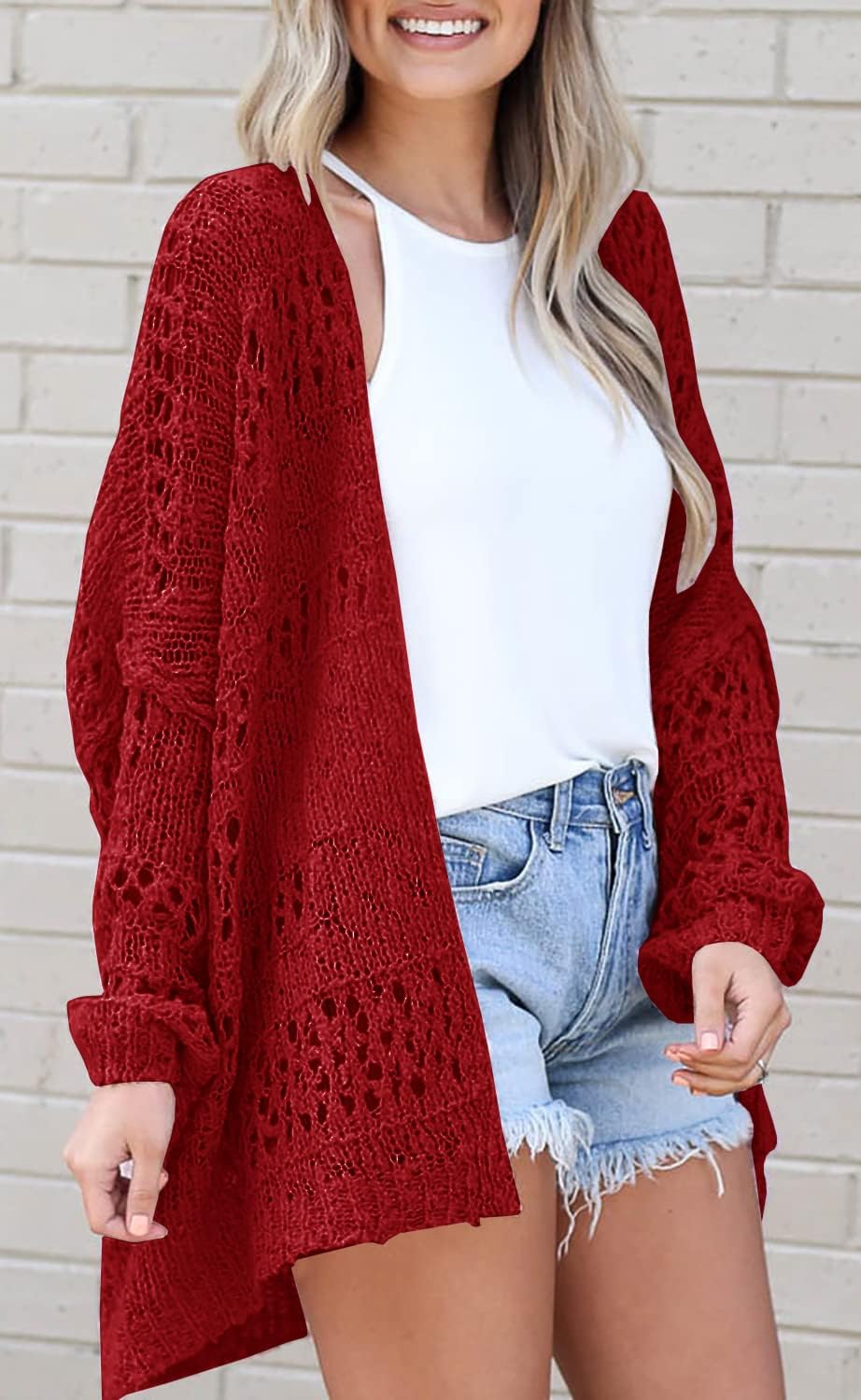 Ermonn Womens Crochet Cardigan Sweater Kimonos Boho Solid Color Oversized Summer Open Front Outwear