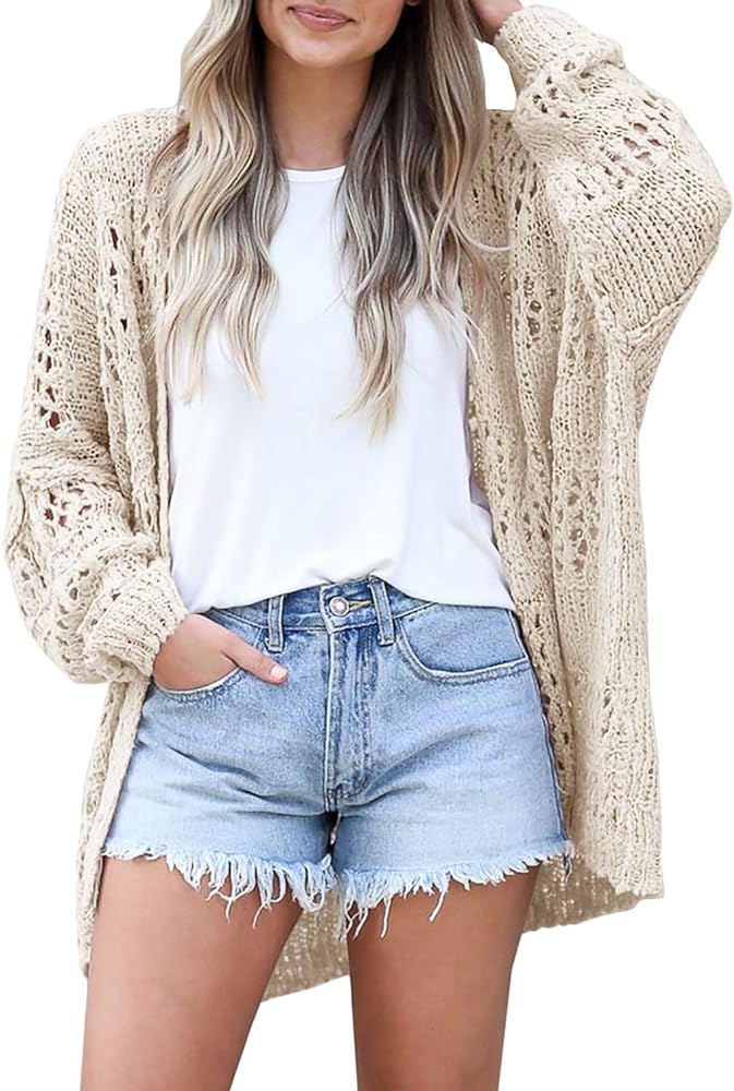 Ermonn Womens Crochet Cardigan Sweater Kimonos Boho Solid Color Oversized Summer Open Front Outwear