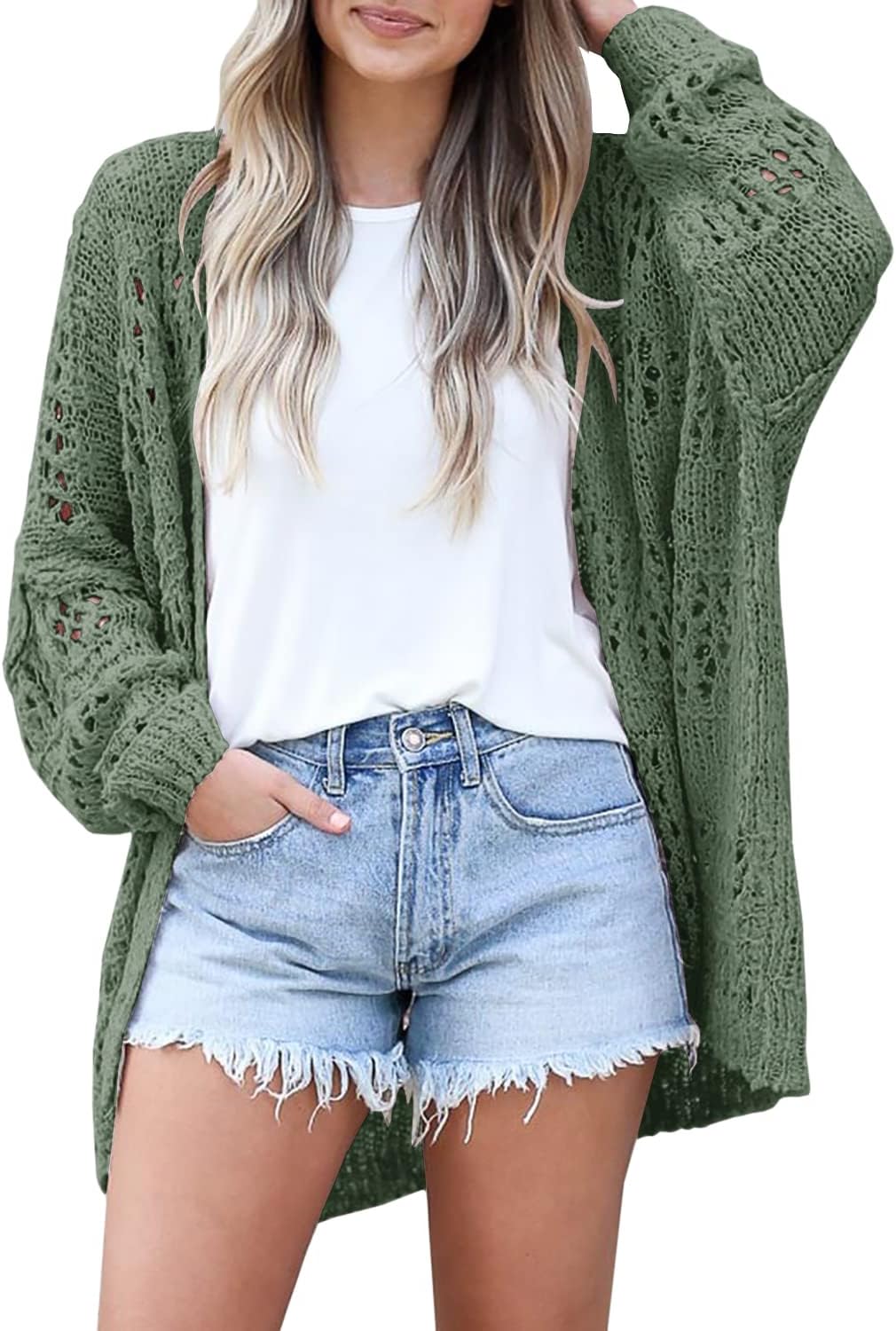 Ermonn Womens Crochet Cardigan Sweater Kimonos Boho Solid Color Oversized Summer Open Front Outwear