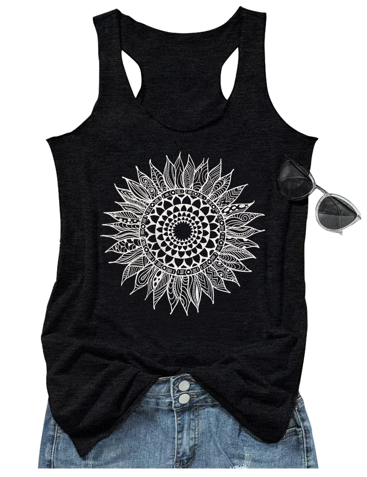 Womens Mandala Vintage Graphic Racerback Tank Tops Summer Casual Loose O-Neck Tanks Vest Vacation Classic-Fit Shirt Cami (Purple, Medium)