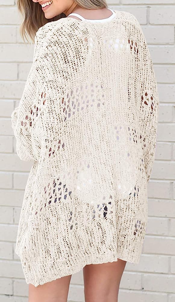 Ermonn Womens Crochet Cardigan Sweater Kimonos Boho Solid Color Oversized Summer Open Front Outwear