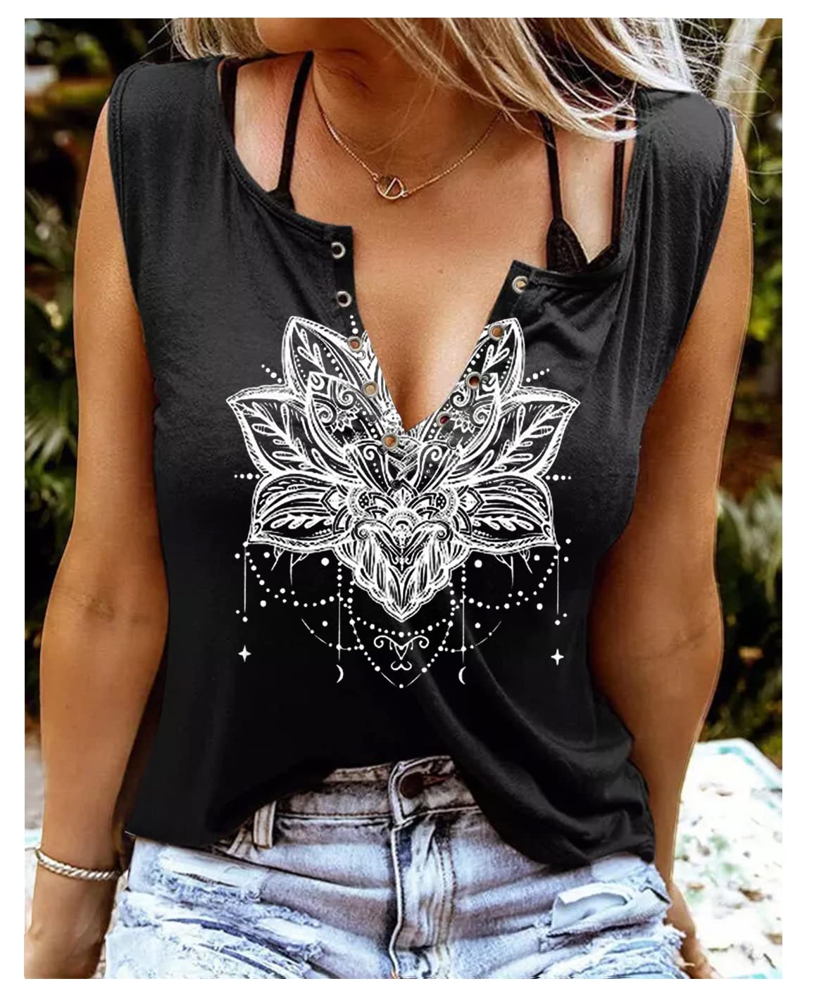 Womens Mandala Vintage Graphic Racerback Tank Tops Summer Casual Loose O-Neck Tanks Vest Vacation Classic-Fit Shirt Cami (Purple, Medium)