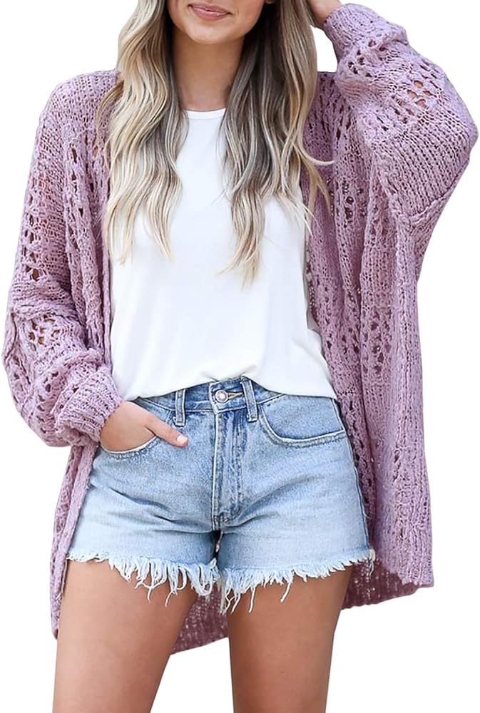 Ermonn Womens Crochet Cardigan Sweater Kimonos Boho Solid Color Oversized Summer Open Front Outwear