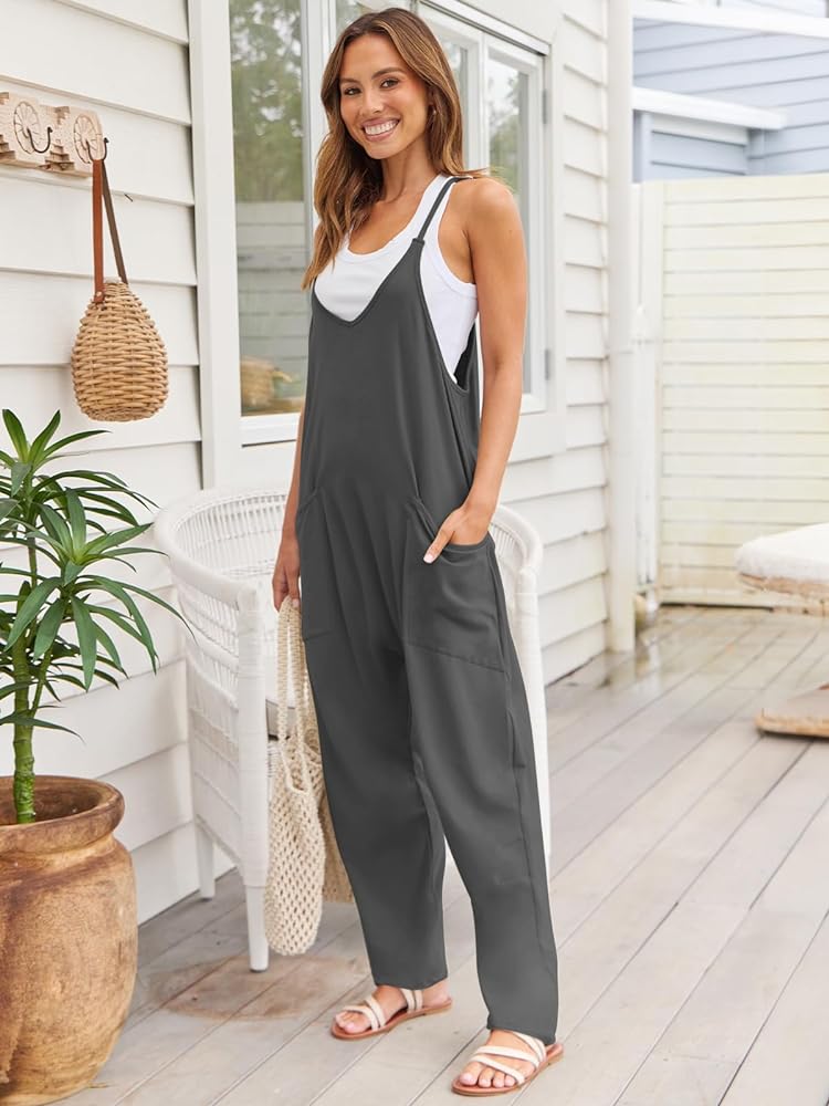 AUTOMET Jumpsuits for Women Casual Summer Rompers Sleeveless Loose Spaghetti Strap Baggy Overalls Jumpers with Pockets 2024