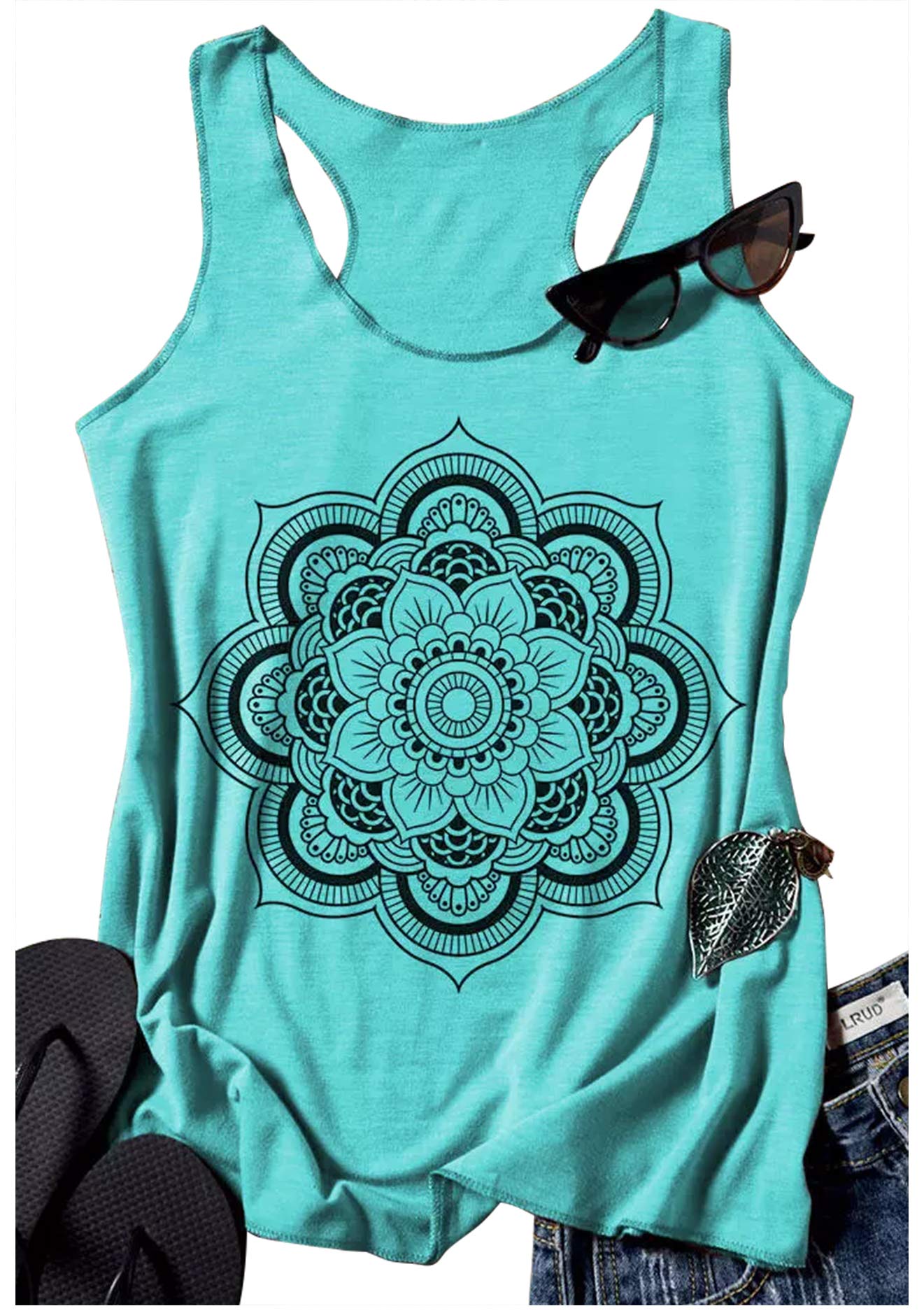 Womens Mandala Vintage Graphic Racerback Tank Tops Summer Casual Loose O-Neck Tanks Vest Vacation Classic-Fit Shirt Cami (Purple, Medium)