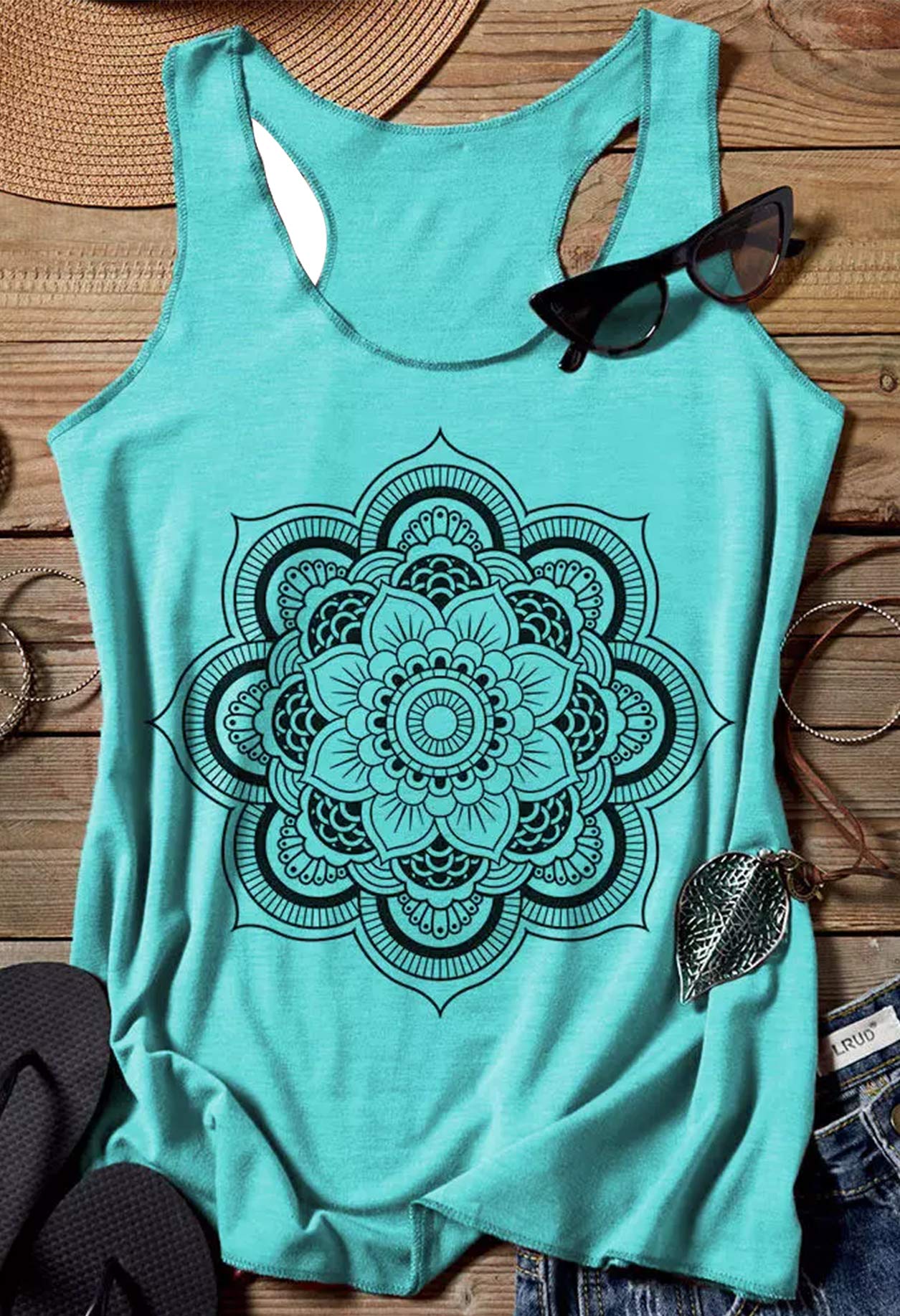 Womens Mandala Vintage Graphic Racerback Tank Tops Summer Casual Loose O-Neck Tanks Vest Vacation Classic-Fit Shirt Cami (Purple, Medium)