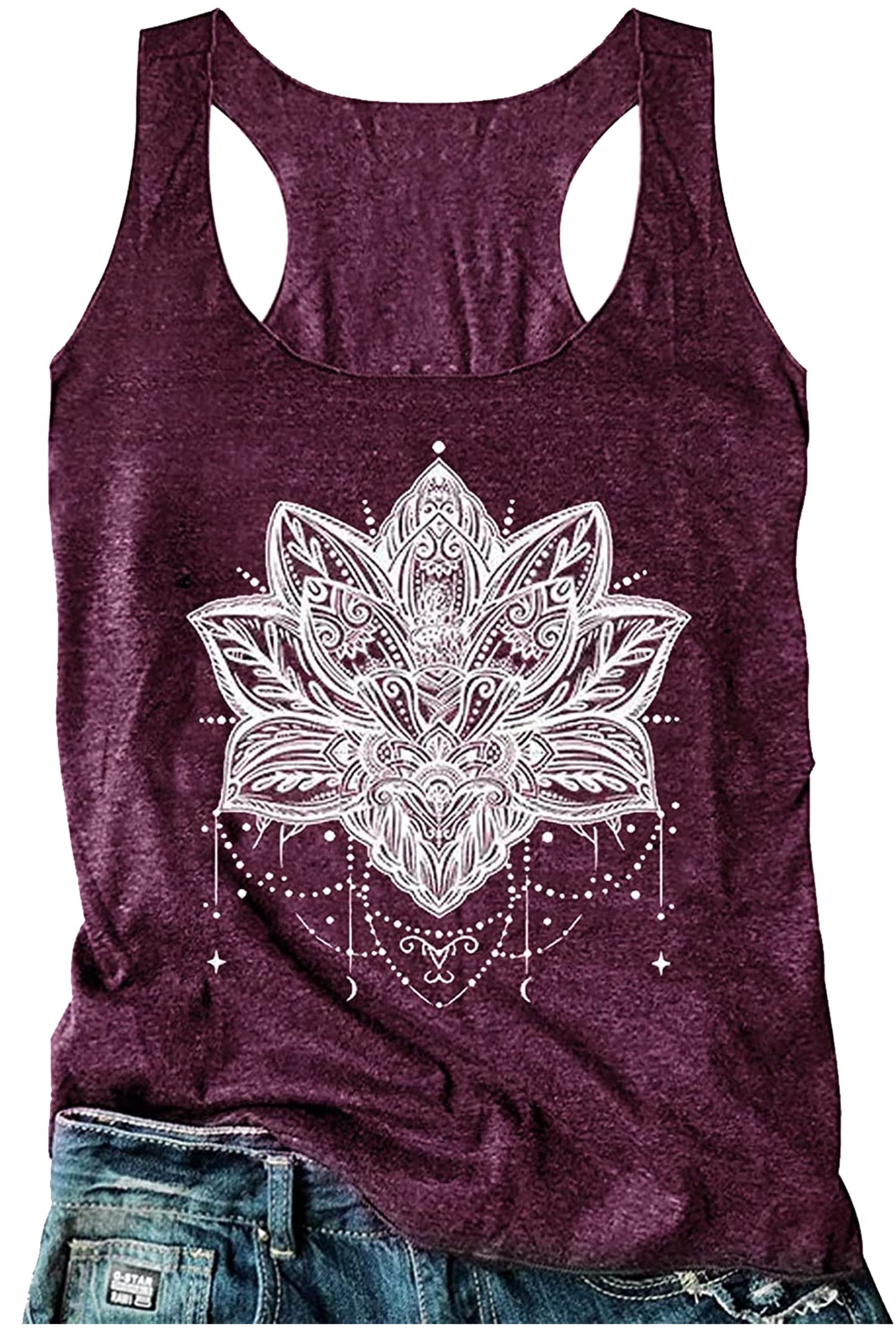 Womens Mandala Vintage Graphic Racerback Tank Tops Summer Casual Loose O-Neck Tanks Vest Vacation Classic-Fit Shirt Cami (Purple, Medium)